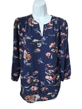 Fun2Fun Navy Floral Long Sleeve Blouse With Split Neckline & Smocked Shoulders S